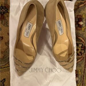 Jimmy Choo Tan Heels with Peep-Toe Design
